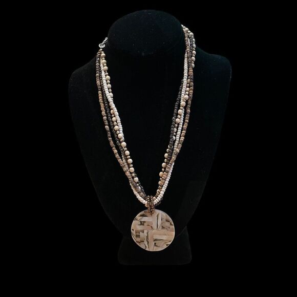 Beaded Multi-strand Shell Medallion Necklace - Picture 1 of 4